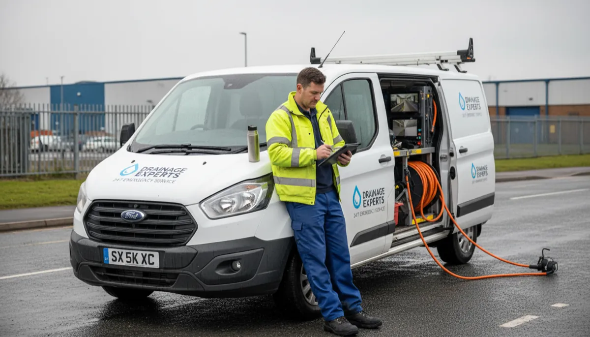 A British drainage engineer reviewing insurance paperwork propped on the bonnet of his CCTV drainage survey van