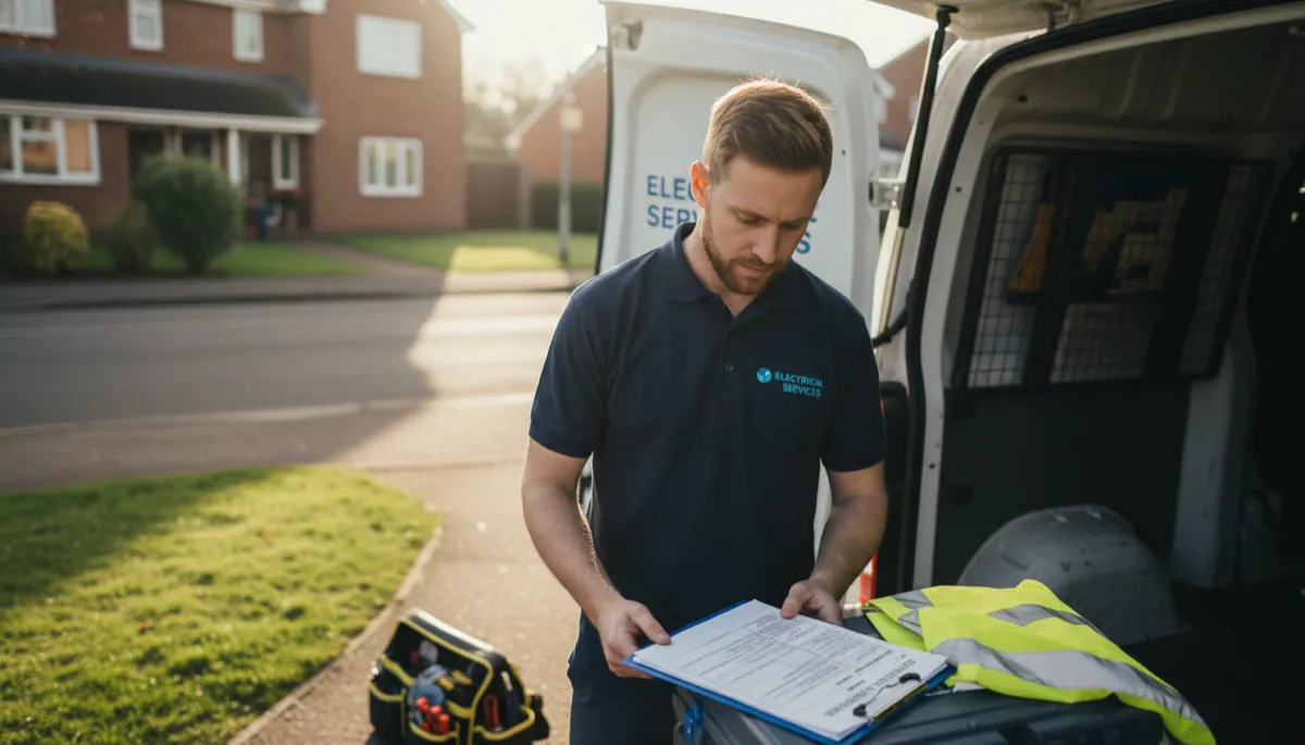 A British electrician in a navy polo reviewing insurance documents at his white van tailgate