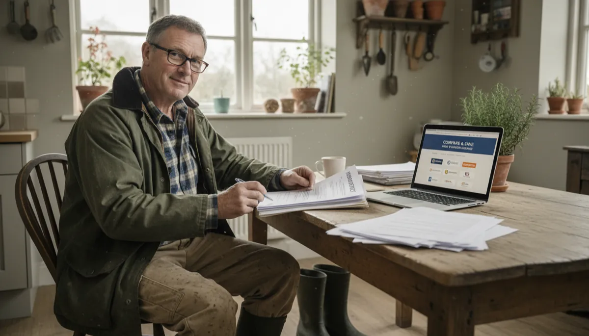 A British gardener in outdoor work clothes reviewing insurance policy documents at a kitchen table with a laptop showing an insurance comparison website