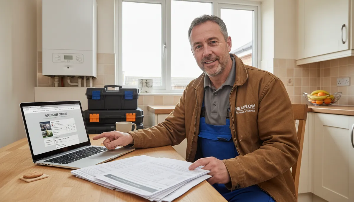 A British heating engineer beside a boiler reviewing insurance policy documents at a kitchen table with a laptop showing an insurance comparison website