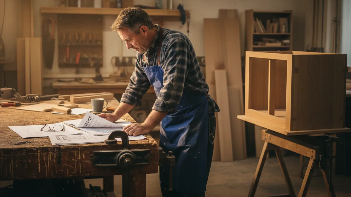 A joiner in a workshop reviewing insurance documents beside a bespoke cabinet