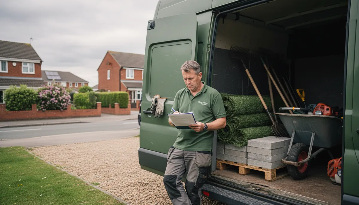 A British landscaper reviewing insurance paperwork on a clipboard, leaning against his van loaded with landscaping equipment — turf, paving slabs, tools