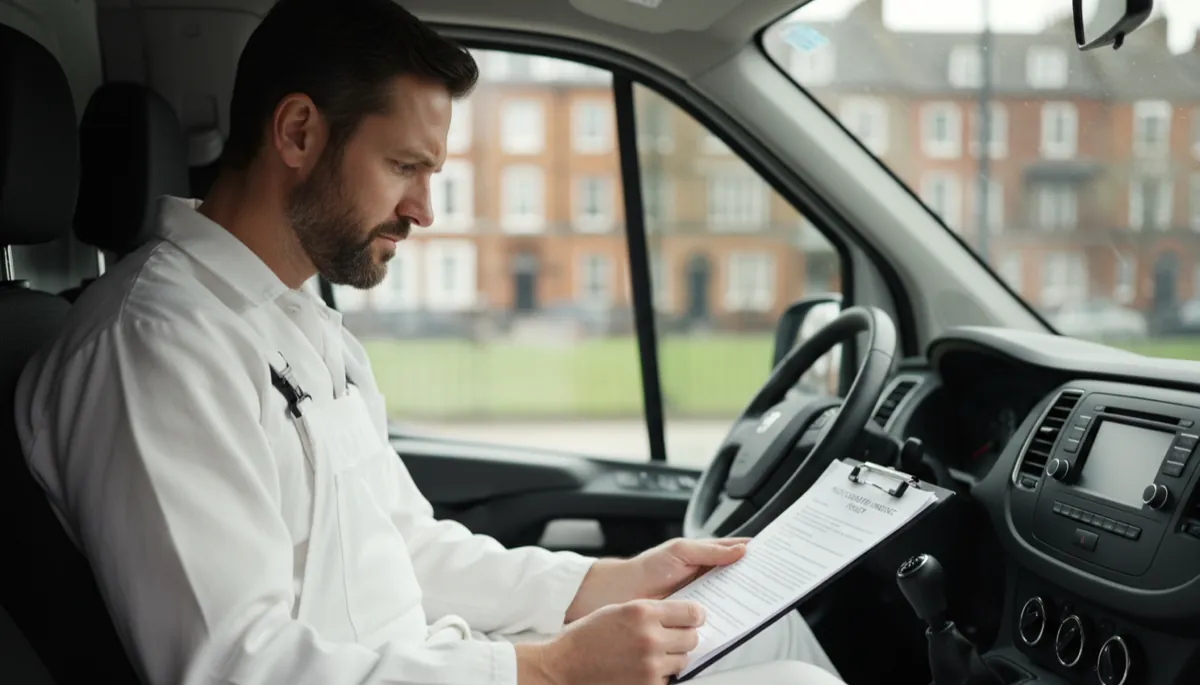 A British painter in clean white overalls reviewing a public liability insurance document seated in the cab of a white van