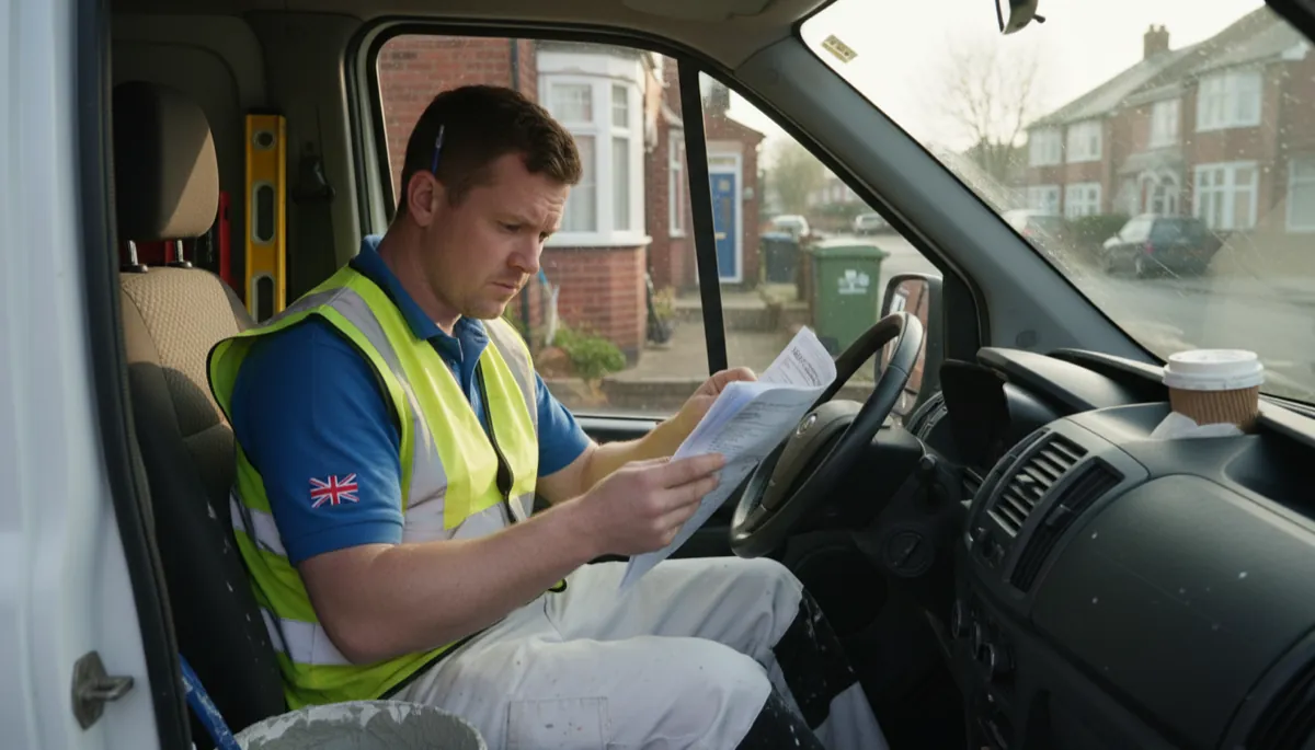 A British plasterer in workwear reviewing insurance paperwork in the cab of his white van, parked outside a British semi-detached house