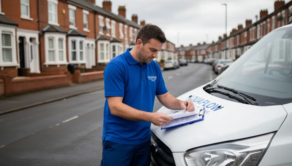 A British plumber in a branded polo reviewing insurance paperwork on a clipboard propped on his van bonnet