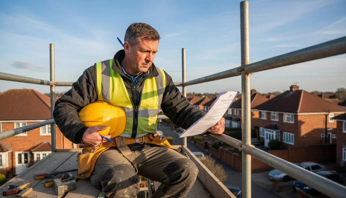A British roofer in workwear examining insurance certificate paperwork propped on his scaffolding tower