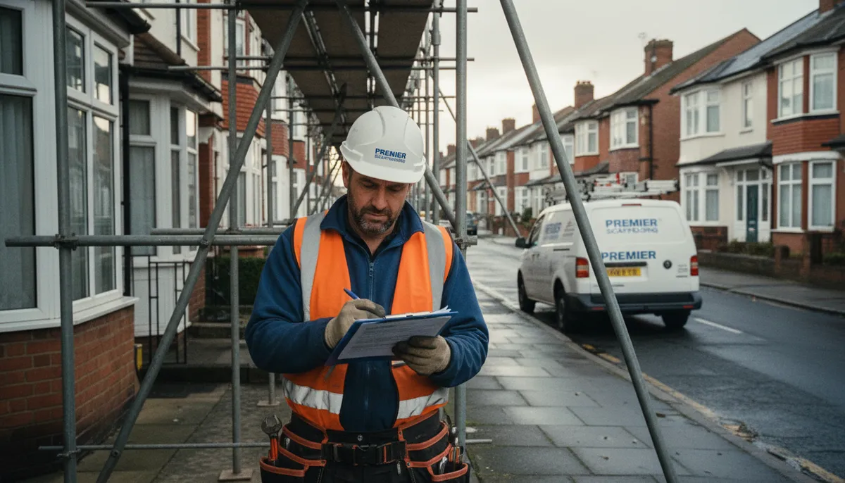 A British scaffolder in a hard hat and hi-vis vest reviewing insurance documents on a clipboard beside scaffolding on a residential job