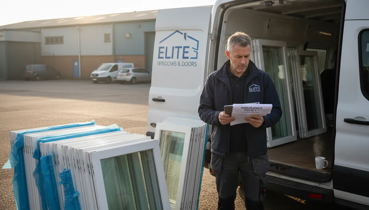 A British window fitter reviewing insurance documents at the tailgate of his van, beside a stack of uPVC window frames wrapped in protective film