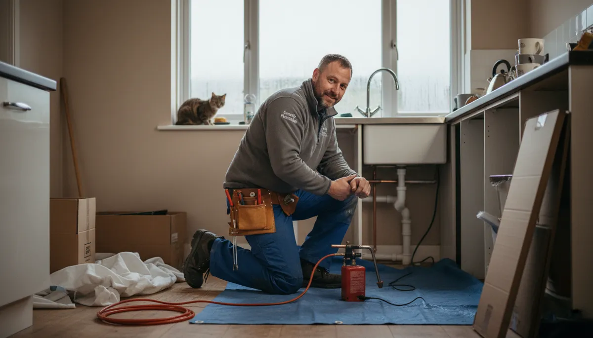 A British tradesperson in work clothes at work in a typical British residential setting
