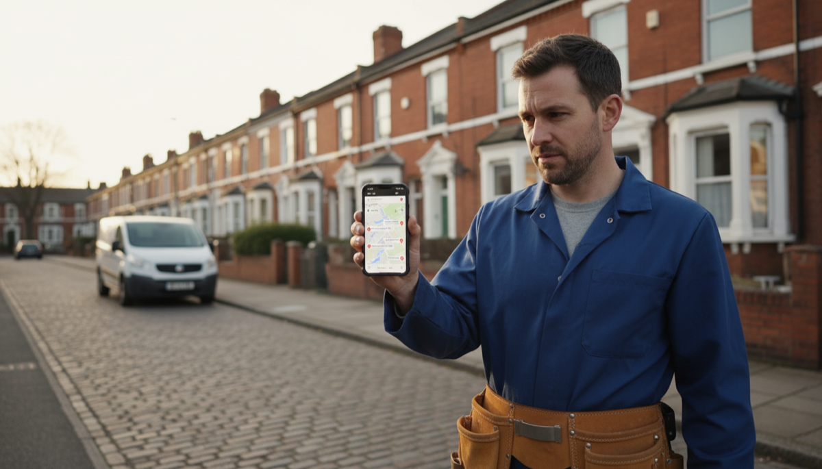 A British tradesperson in work clothes holding a smartphone showing Google Maps search results with local business listings