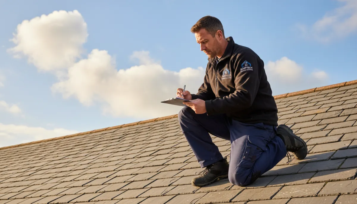 A British roofer on a pitched slate roof writing up a quote on a clipboard, blue sky with clouds visible behind him