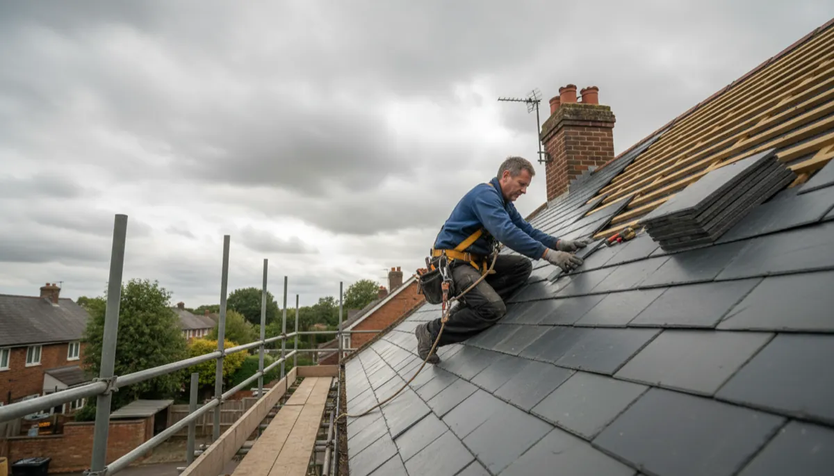 A low angle of a British roofer laying new slate tiles on a pitched roof of a traditional British semi-detached house