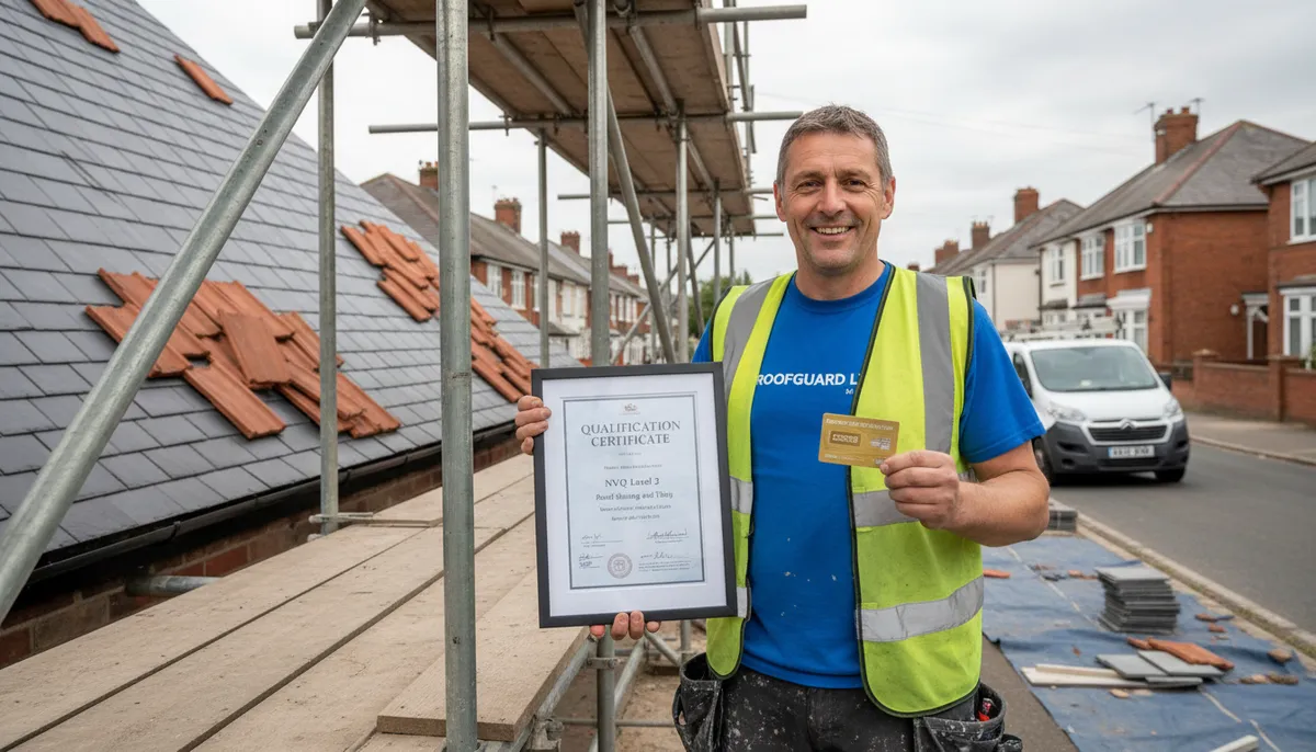 A British roofer holding an NVQ certificate and CSCS card beside scaffolding