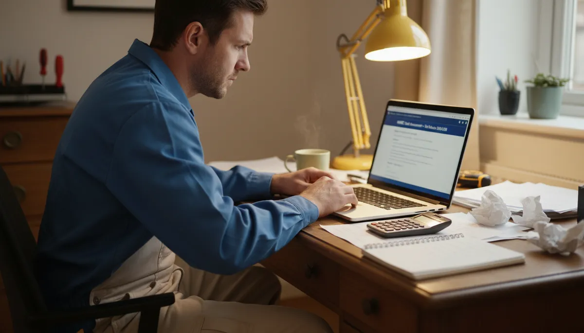 A British tradesperson completing an HMRC self-assessment tax return on a laptop at home