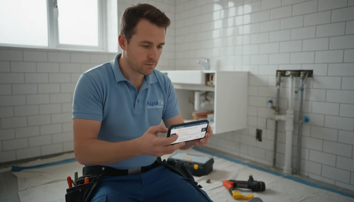 A British bathroom-fitter in work clothes looking at Google search results on a smartphone showing local trade listings