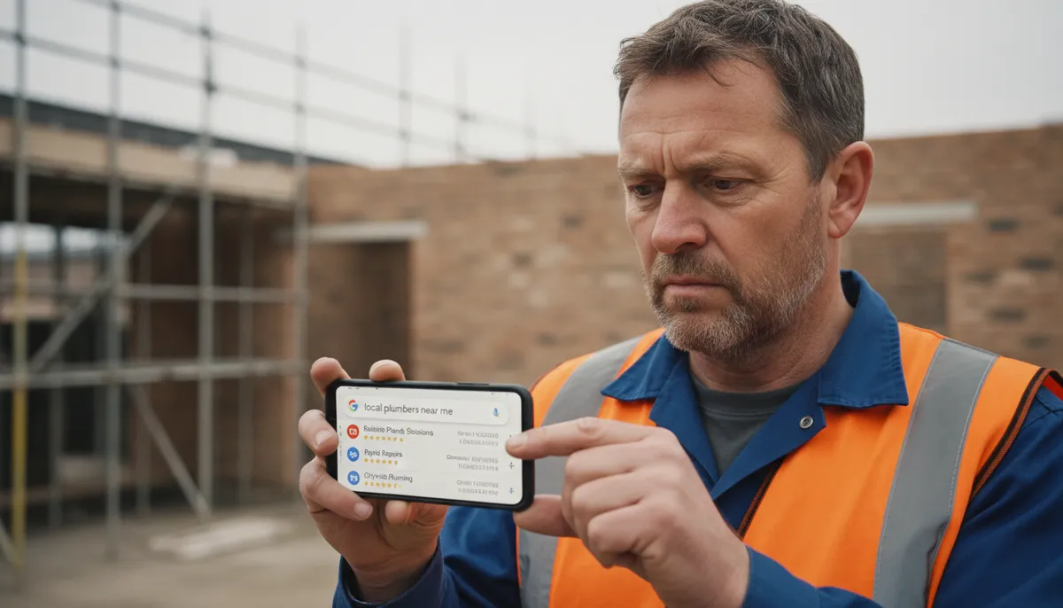 A British builder in a high-vis vest looking at Google search results on a smartphone showing local trade listings