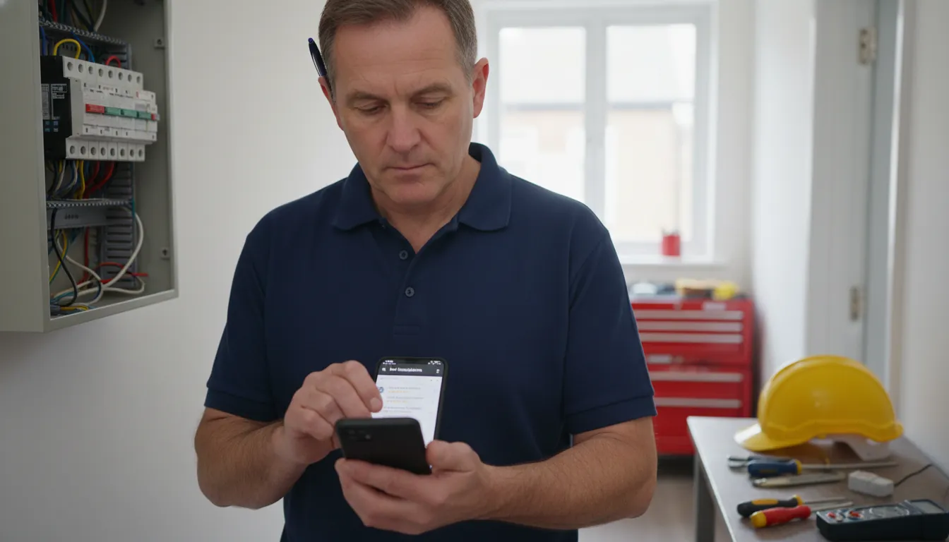 A British electrician in a navy polo looking at Google search results on a smartphone showing local trade listings