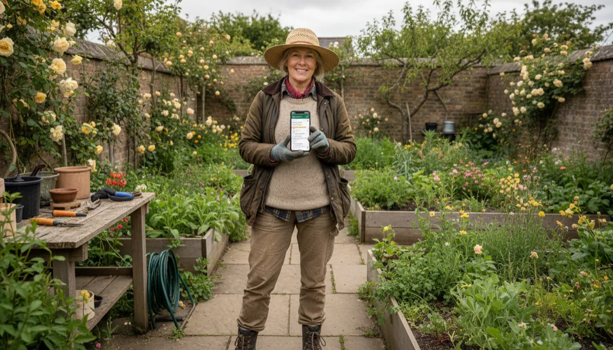 A British gardener in outdoor work clothes looking at Google search results on a smartphone showing local trade listings