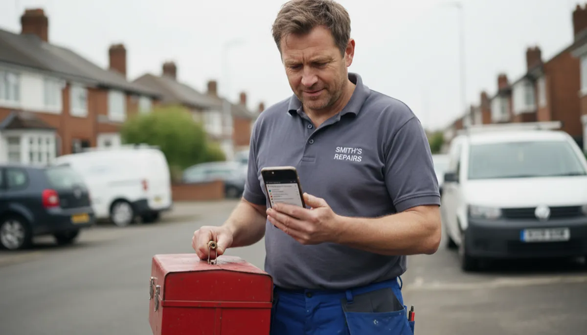 A British handyman with a toolbox looking at Google search results on a smartphone showing local trade listings