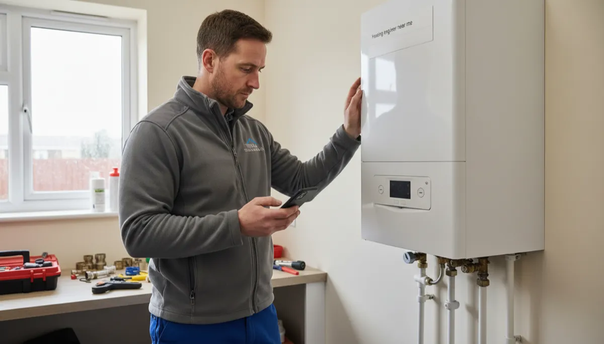 A British heating engineer beside a boiler looking at Google search results on a smartphone showing local trade listings