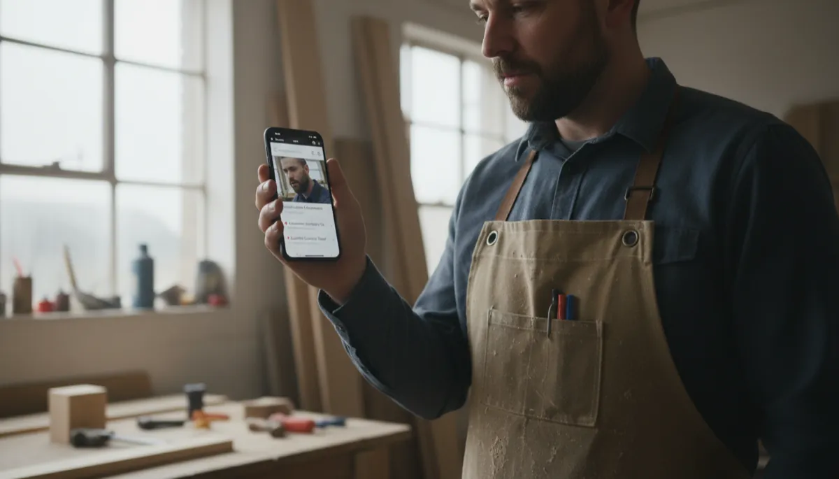 A British joiner in a workshop apron looking at Google search results on a smartphone showing local trade listings