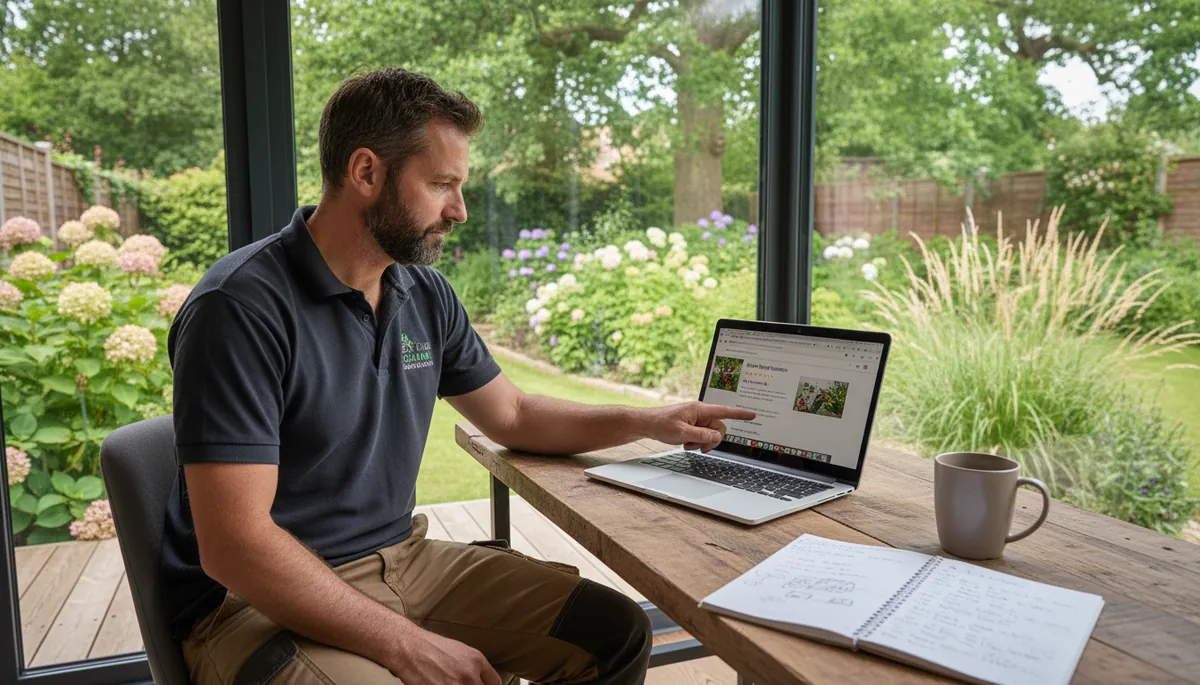 A British landscaper reviewing Google search rankings on a laptop in a garden office with a lush green garden visible through the window