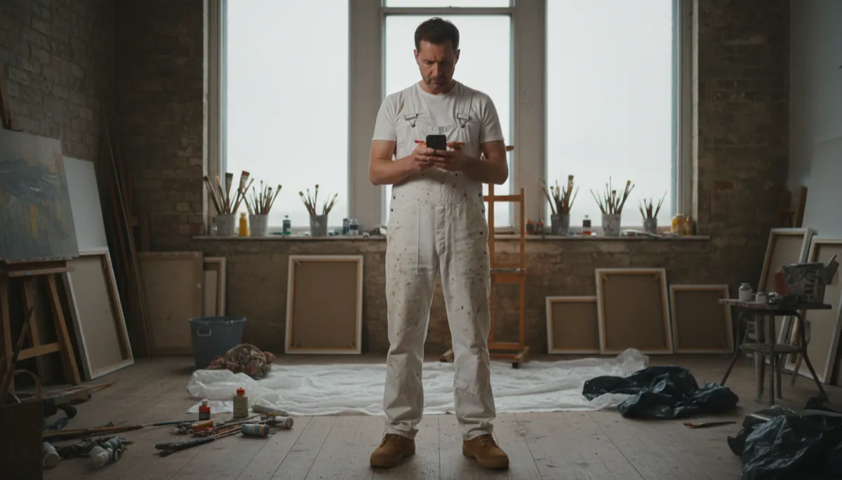 A British painter in white overalls looking at Google search results on a smartphone showing local trade listings