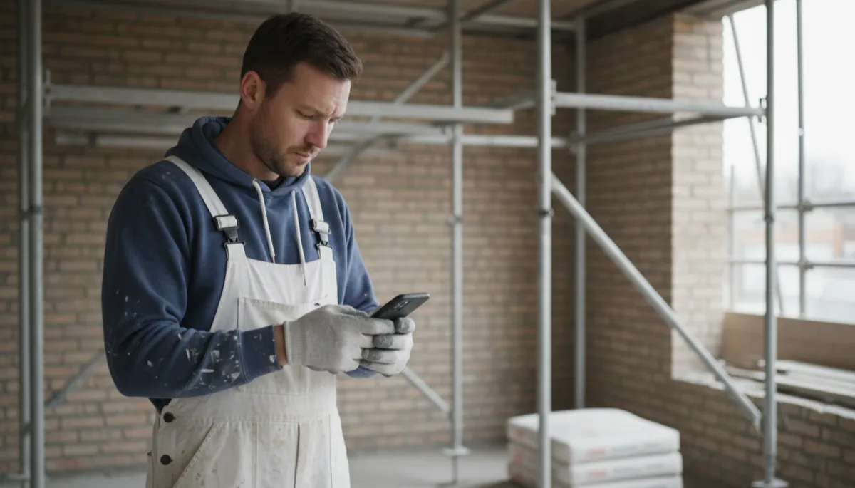 A British plasterer in work clothes looking at Google search results on a smartphone showing local trade listings