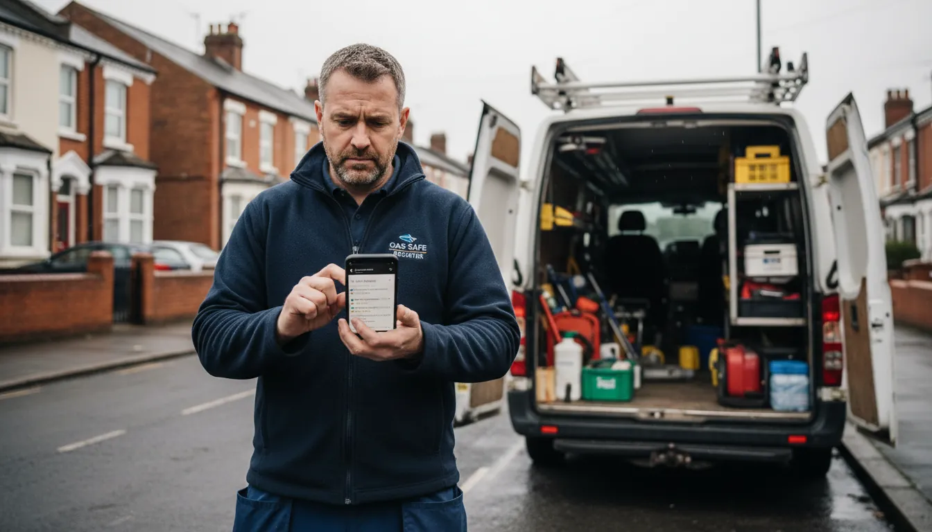 A British plumber in work trousers and a fleece looking at Google search results on a smartphone showing local trade listings