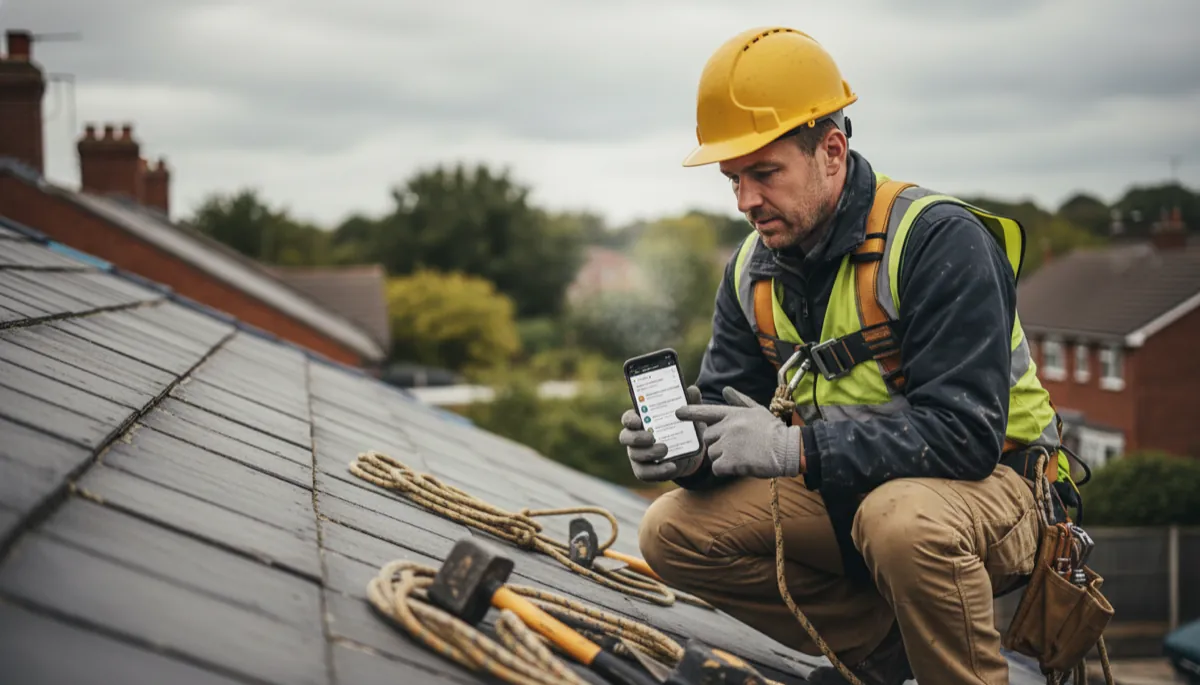 A British roofer in work gear on a roof looking at Google search results on a smartphone showing local trade listings