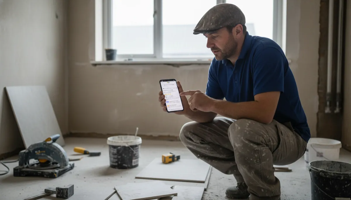 A British tiler in work clothes looking at Google search results on a smartphone showing local trade listings