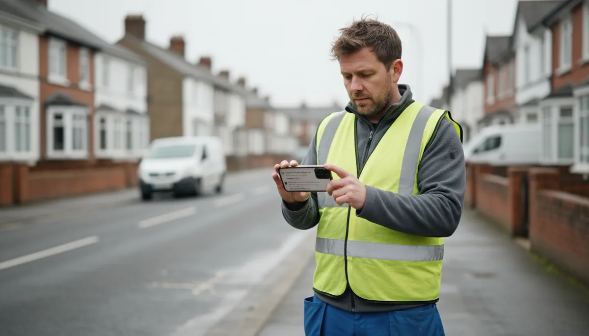 A British tradesperson in work clothes looking at Google search results on a smartphone showing local trade listings