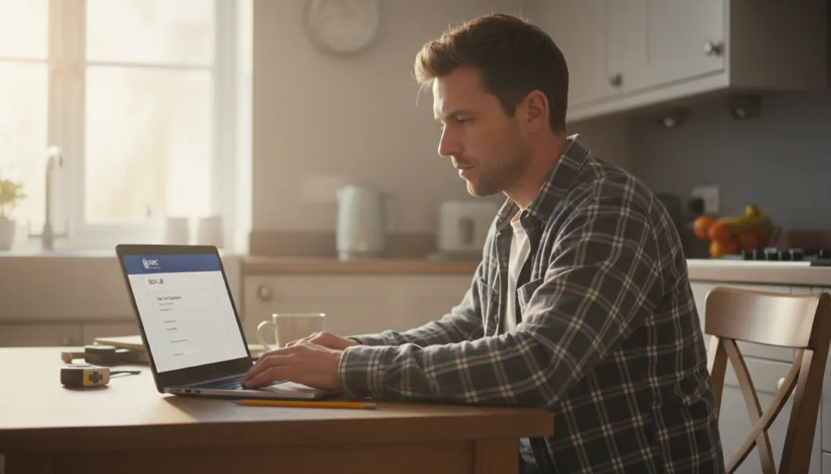 A British tradesperson completing HMRC sole trader online registration on a laptop at their home kitchen table