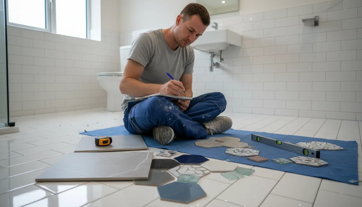 A British tiler sitting on a finished tiled floor writing up a job quote on a notepad