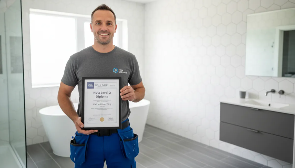 A British tiler holding an NVQ in wall and floor tiling certificate in a tiled room