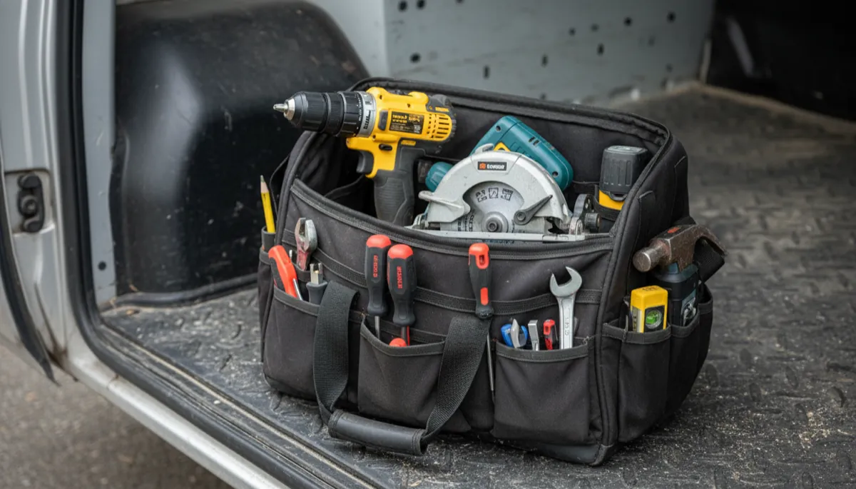 A British tradesperson's open tool bag on a van floor, showing neatly organised power tools — drill, circular saw, multi-tool — and hand tools