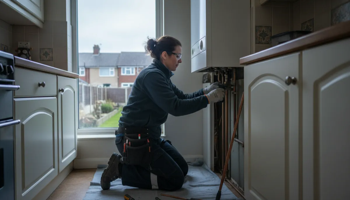 A British tradesperson in work clothes at work in a typical British residential setting