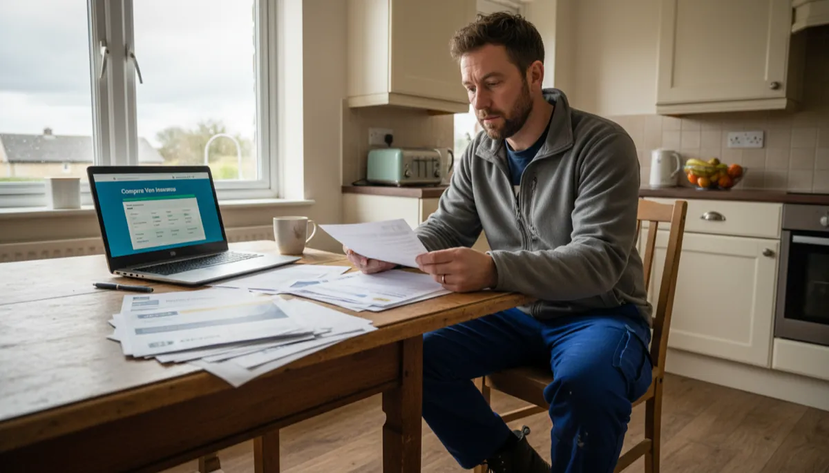 A British tradesperson in work clothes reviewing insurance policy documents at a kitchen table with a laptop showing an insurance comparison website