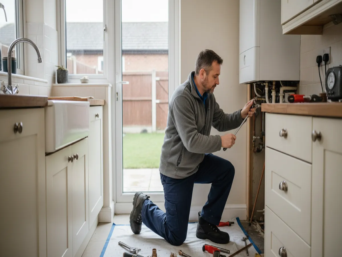 A British tradesperson reviewing VAT registration information on a laptop at a desk
