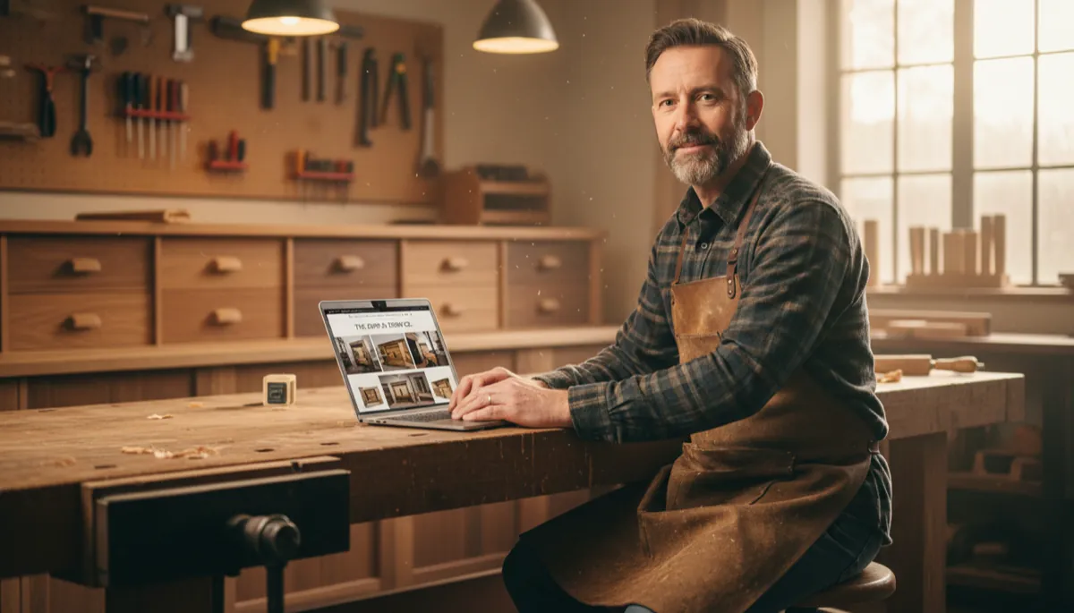 A British carpenter in a workshop apron reviewing a professional carpentry business website on a laptop on a workbench, bespoke wooden cabinets in the background
