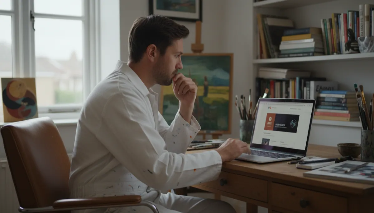 A British painter in white overalls looking at a professional business website on a laptop in a home office