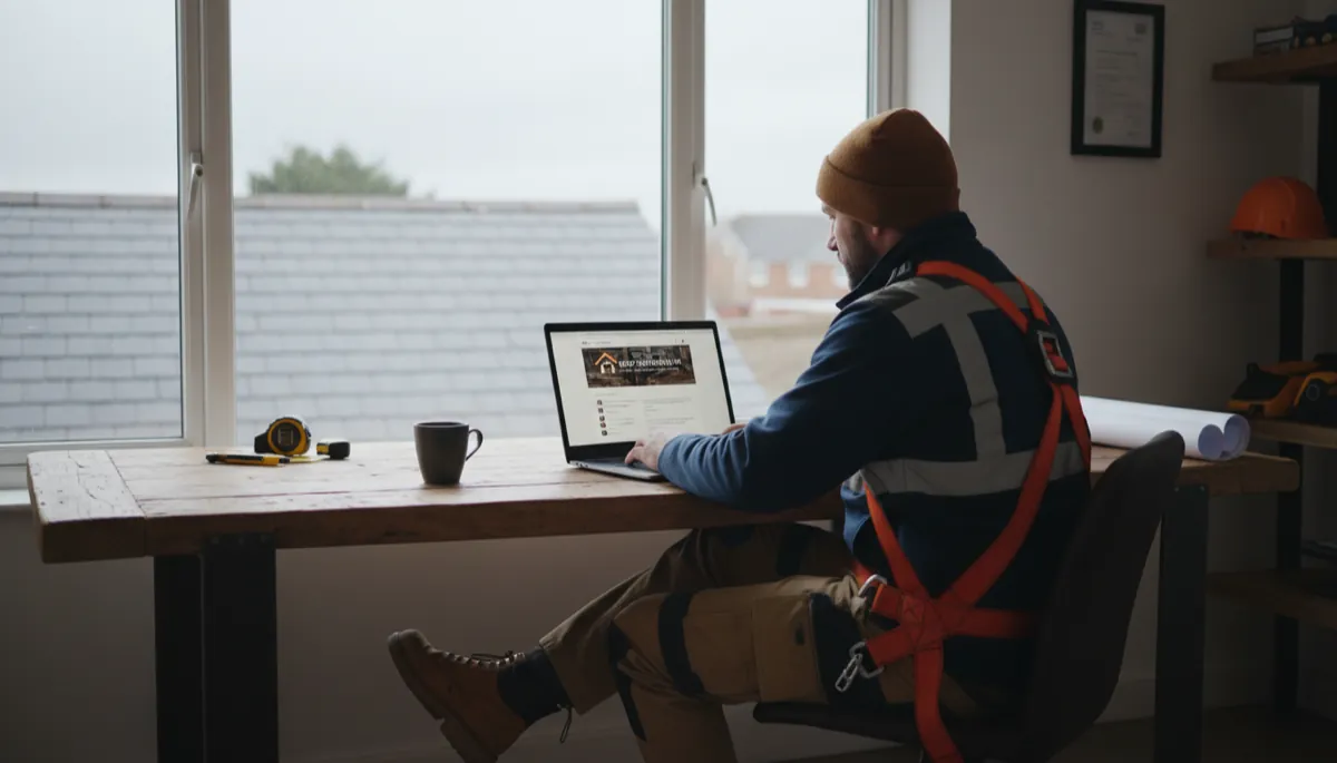 A British roofer reviewing a professionally designed roofing website on a tablet