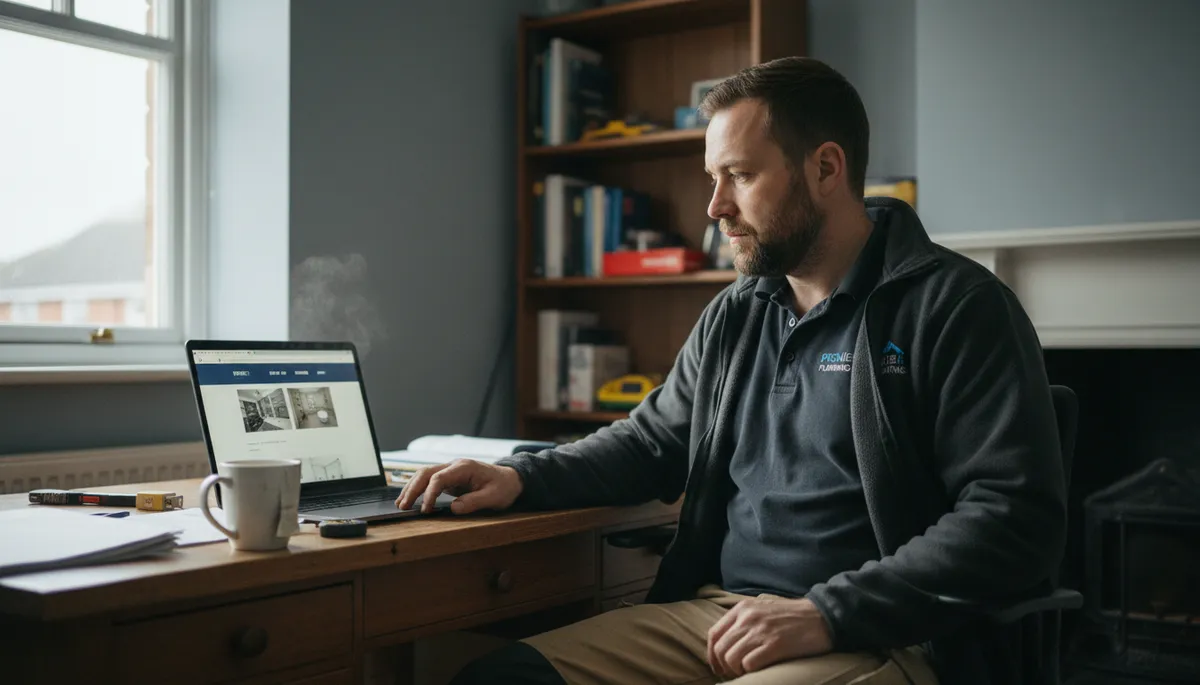 A British tradesperson in work clothes looking at a professional business website on a laptop in a home office