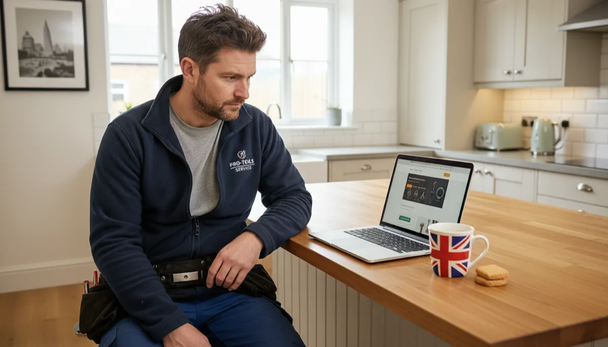 A British tradesperson in work clothes looking at a professional business website on a laptop in their kitchen