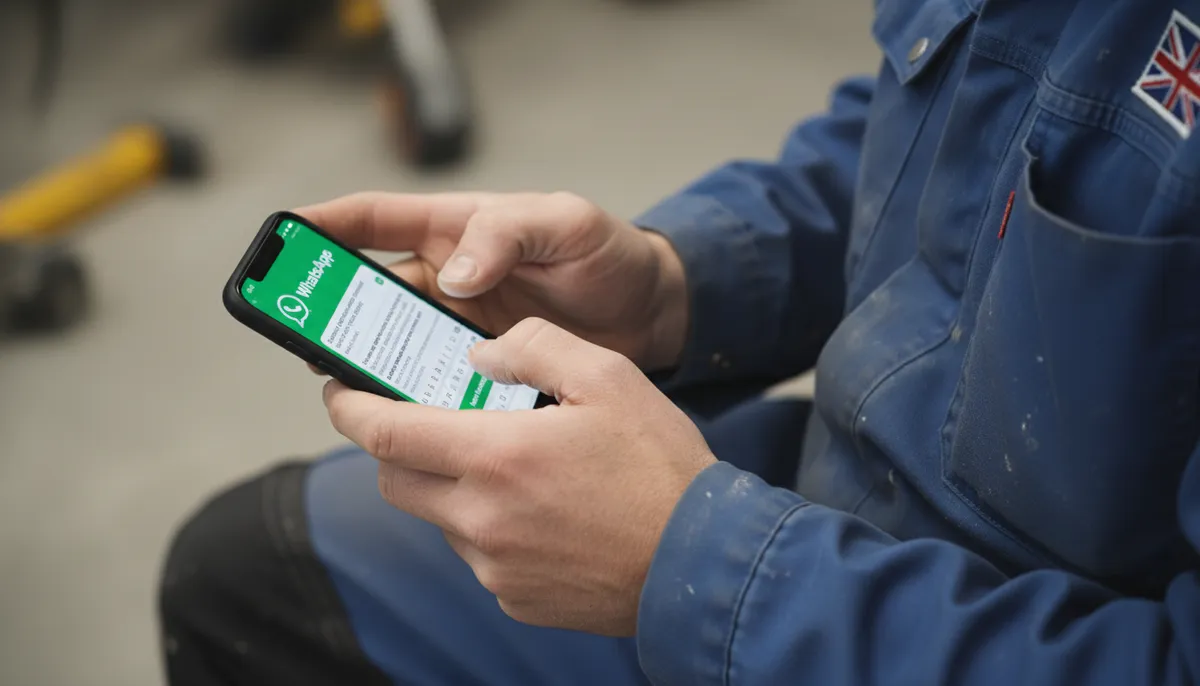 A British tradesperson in work clothes typing a message on WhatsApp Business on their smartphone