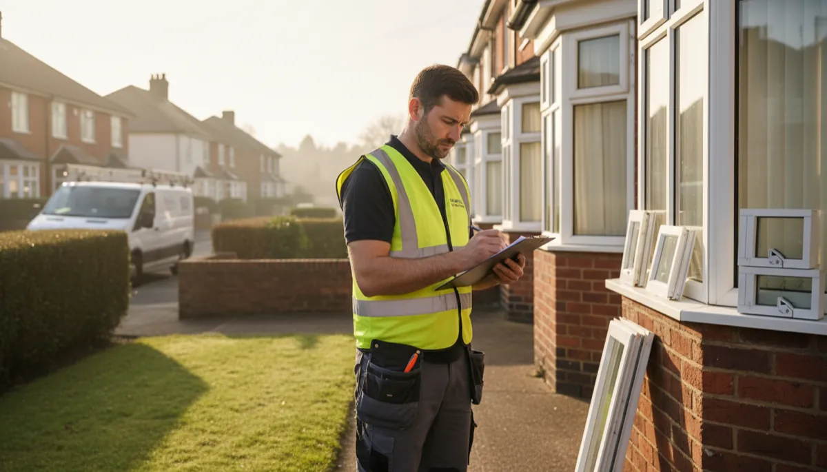 A British window fitter writing a job quote on a clipboard outside a residential property