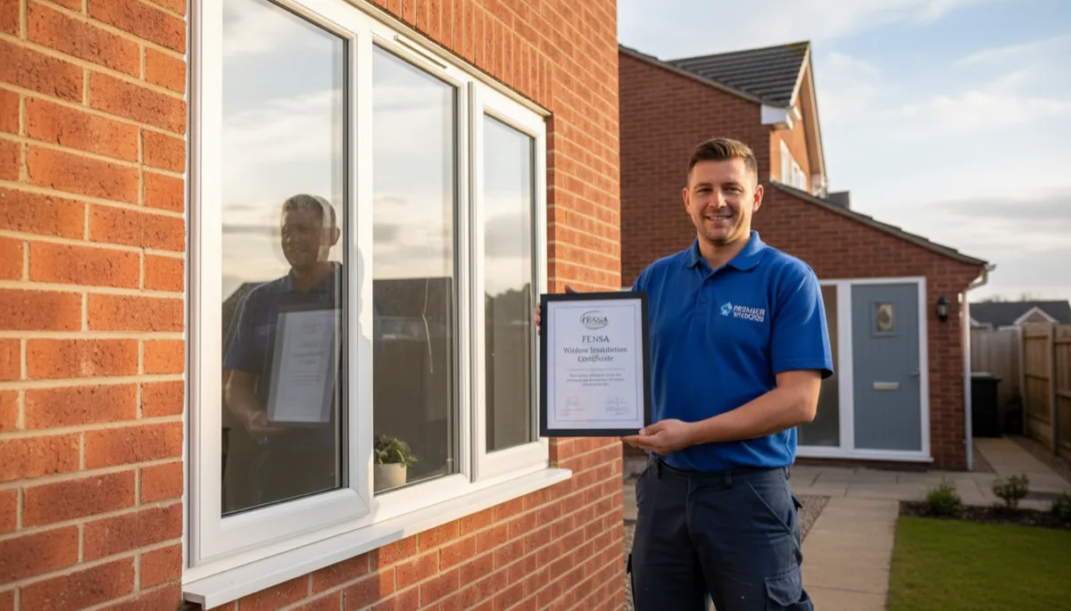 A British window fitter holding a FENSA Window Installation certificate beside a newly installed double-glazed window on a British semi-detached home